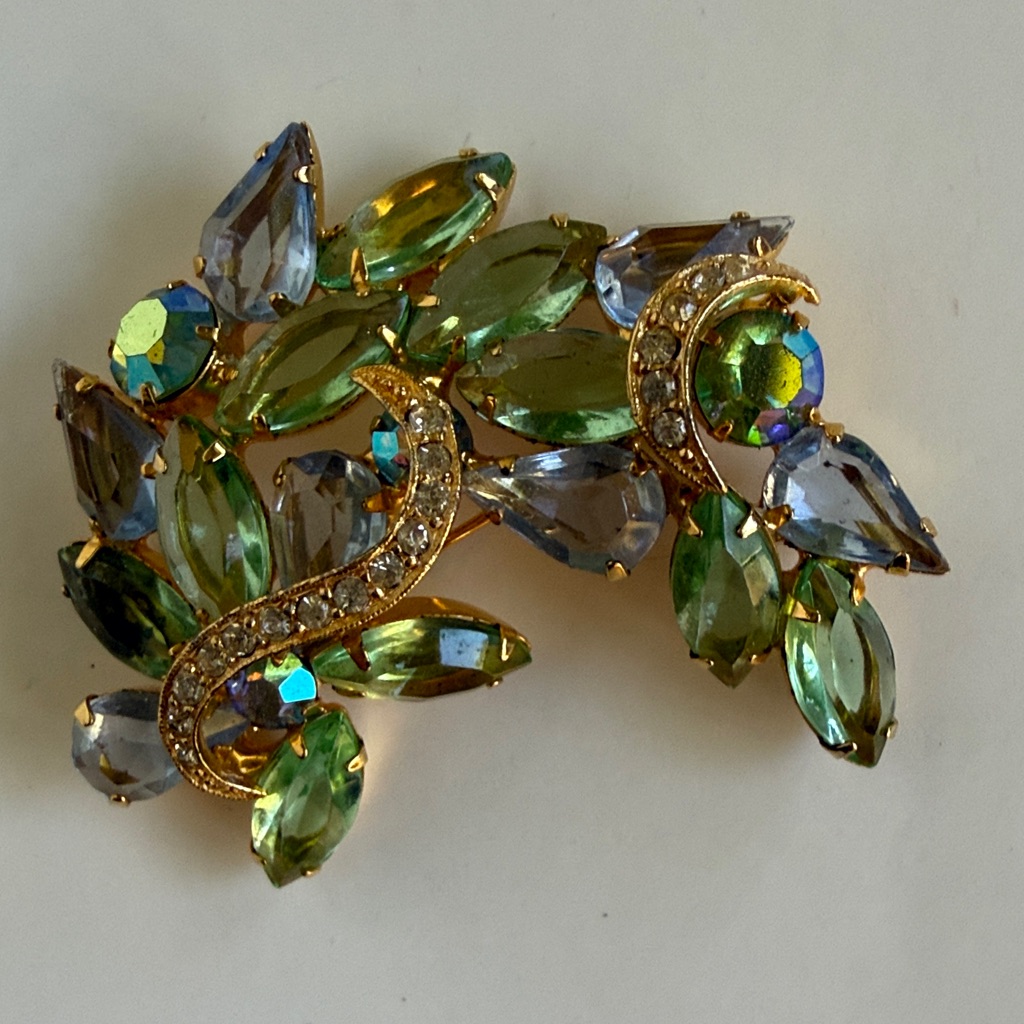 Aurora Borealis Gold-Tone Green And Light Blue Crystal Leaf Brooch